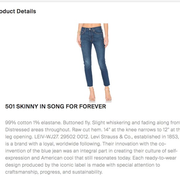 Levi's 501 Skinny Button Fly HighRise Blue Jean SONG FOR FOREVER -w30/Measuremnt - Picture 6 of 14